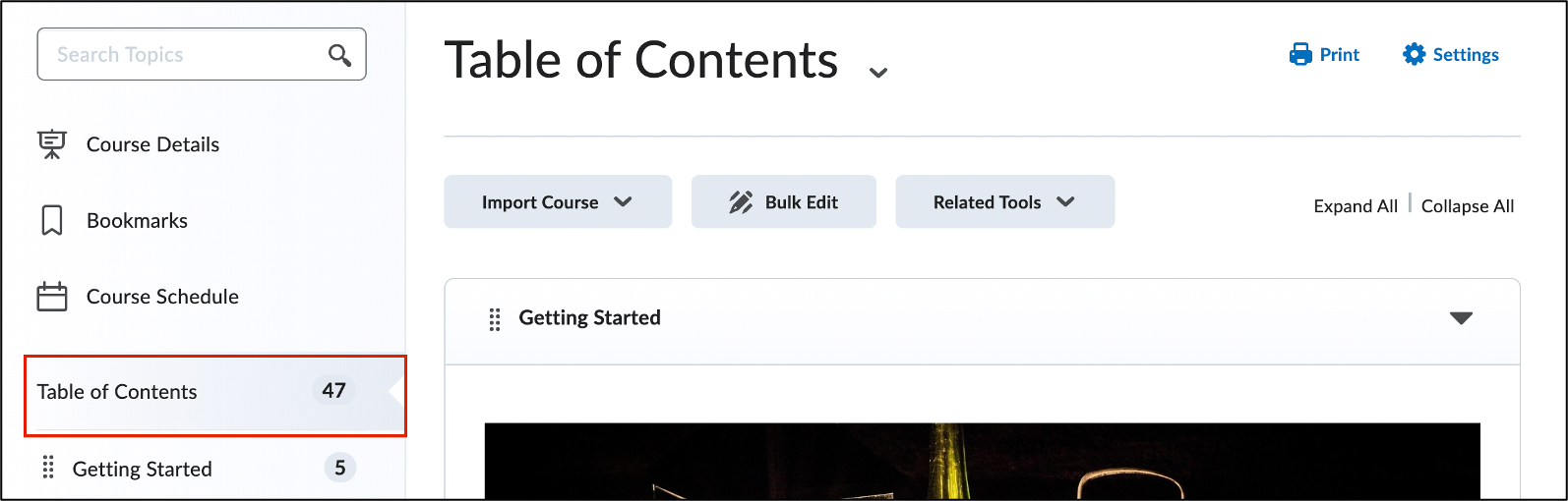 Screenshot of the Table of Contents in a Brightspace course.