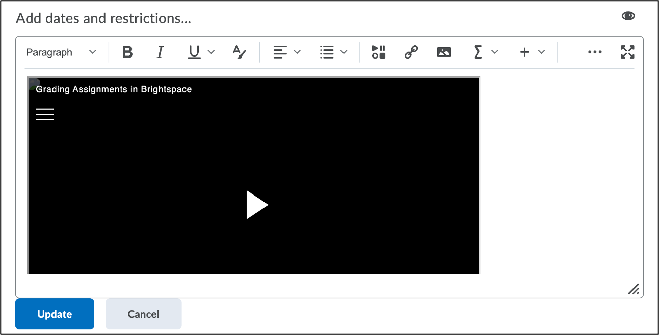 Screenshot of video in the Brightspace HTML Editor.