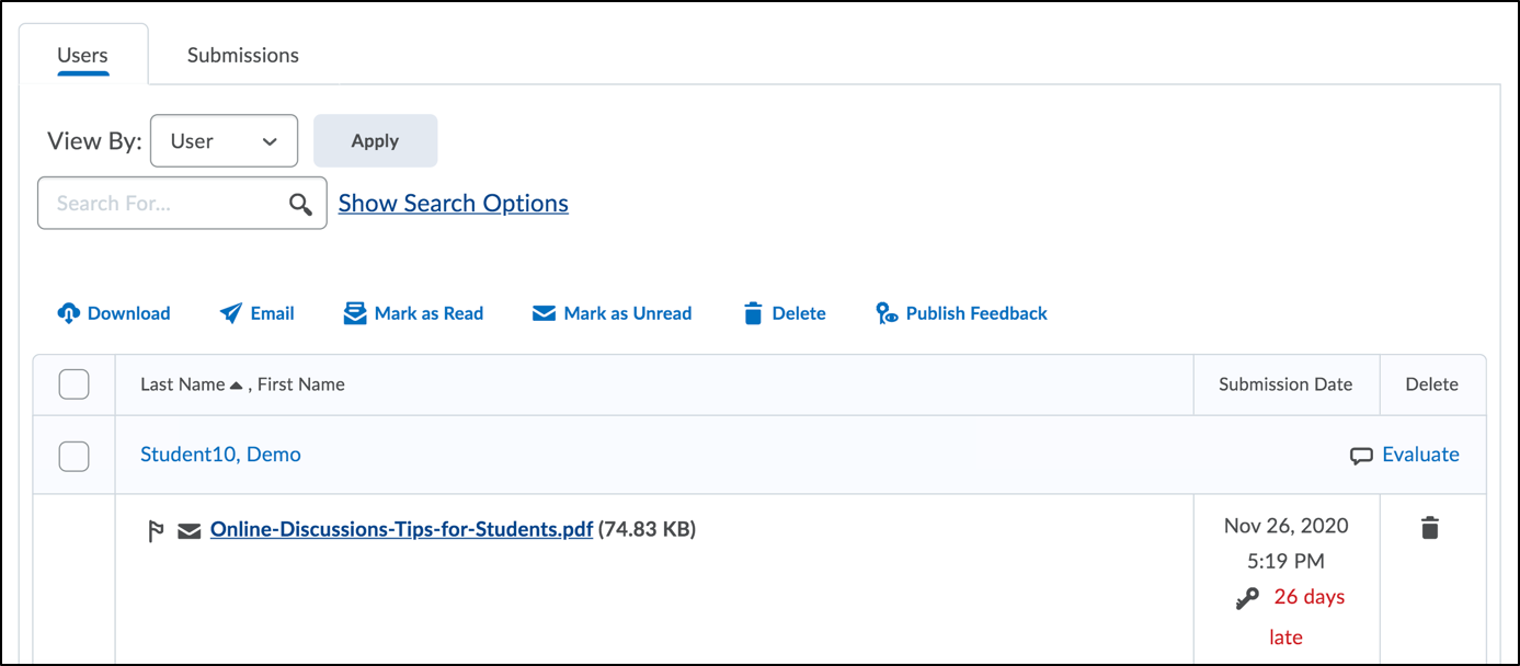 Screenshot of the View Submission page with table listing students' submissions.