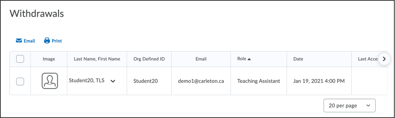 Screenshot of the withdrawls list with one sample student.