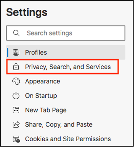 Screenshot of Settings sidebar with red callout around the Privacy, Search, and Services button.