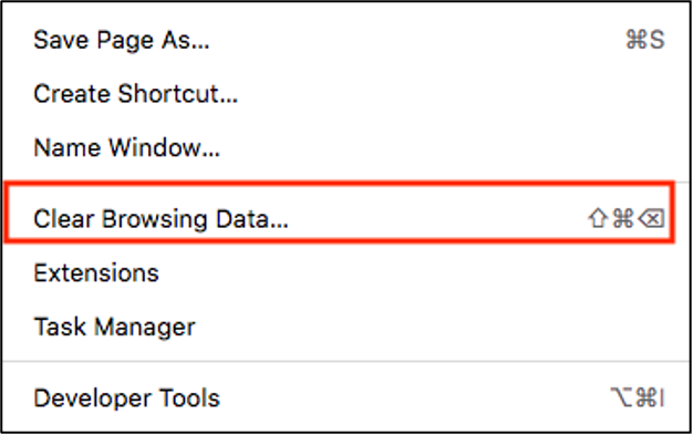 Screenshot of the More Tools drop-down menu with red callout around Clear Browsing Data...