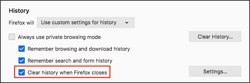 Screenshot of History section with red callout around the Clear history when Firefox closes checkbox.