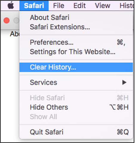 Screenshot of Safari drop-down menu with Clear History option selected.