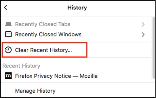 Screenshot of History menu with red callout around Clear Recent History...