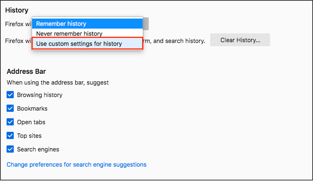Screenshot of Firefox will pulldown menu with red callout around the Use custom settings for history options.