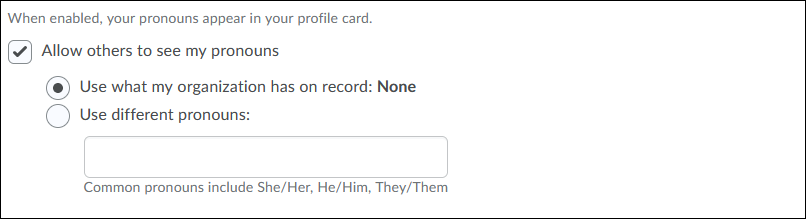 Screenshot of Pronouns page with the Allow others to see my pronouns checkbox selected.
