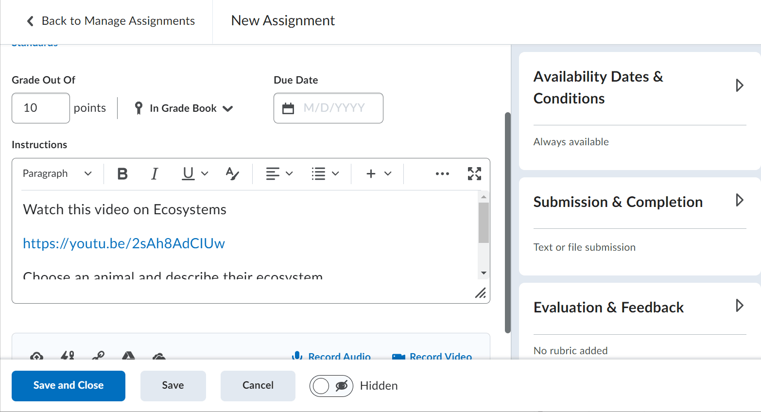 Gif of the availability dates settings for Assignment in Brightspace.