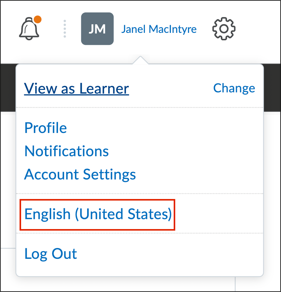Screenshot of language settings in a Brightspace course.