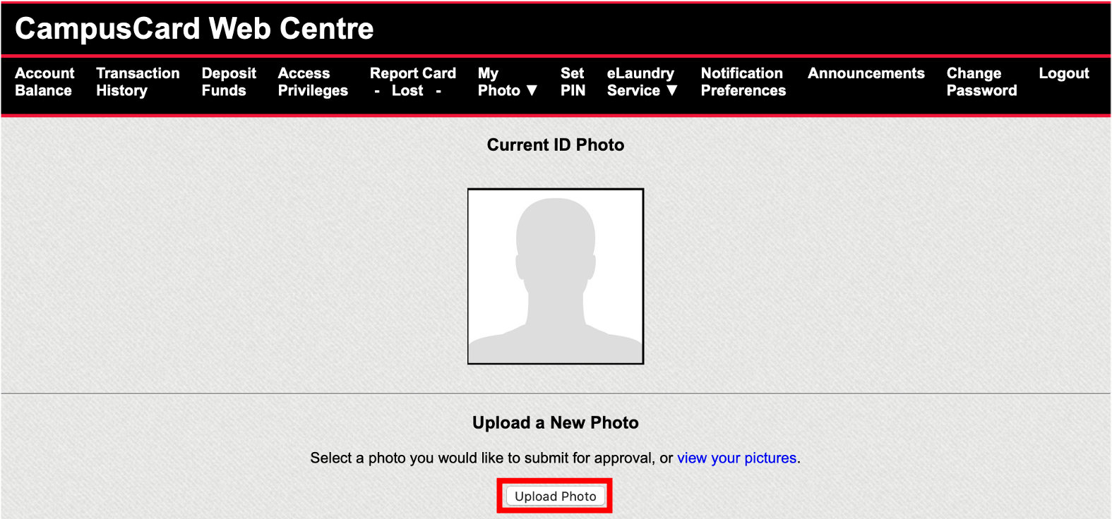 Web Card Centre photo upload page. Upload photo button is near the centre of the page.