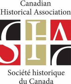 Photo of the logo of the Canadian Historical Association, a grid with three colors: black, gold, and red, with the letters CHA/SHC