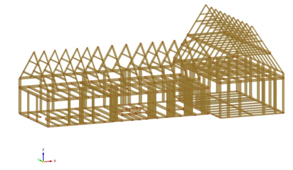 Image shows the Dlubal Structural RFEM model of the Manor House. It is designed as wooden foundational frames of a house.