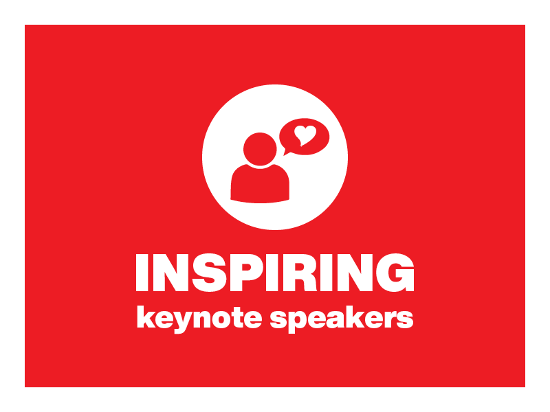 Red and white image with text: Inspiring Keynote Speakers.