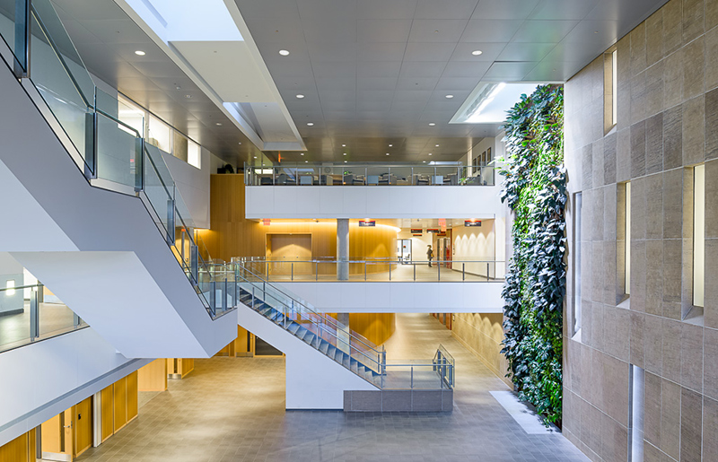 The interior of two stories of an office and conference building