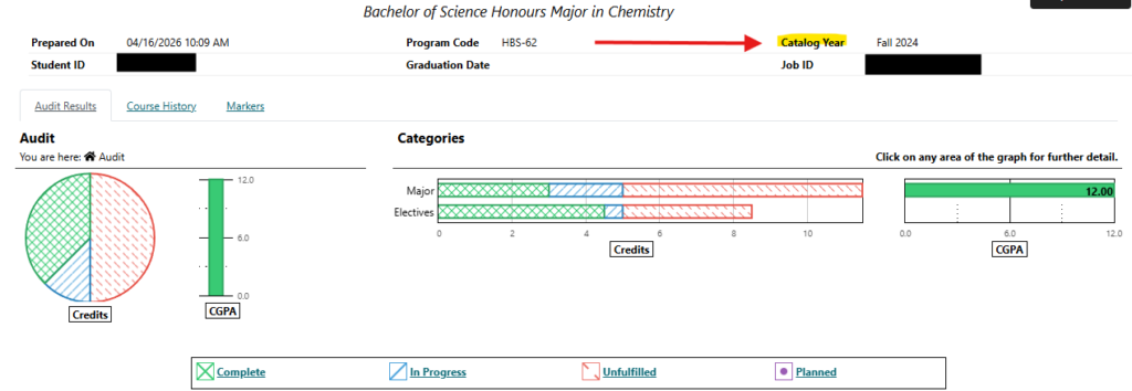 Audit snippet with arrow showing the Catalog Year at the top right corner of the audit