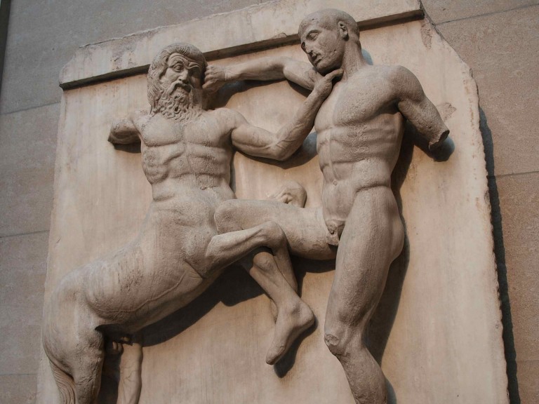 Centaur and Lapith in combat sculpted. Parthenon Metope. British Museum, London.