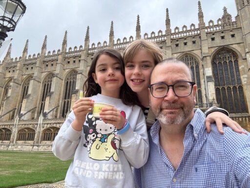 Photo of Gregory MacIssac and his children in Cambridge.