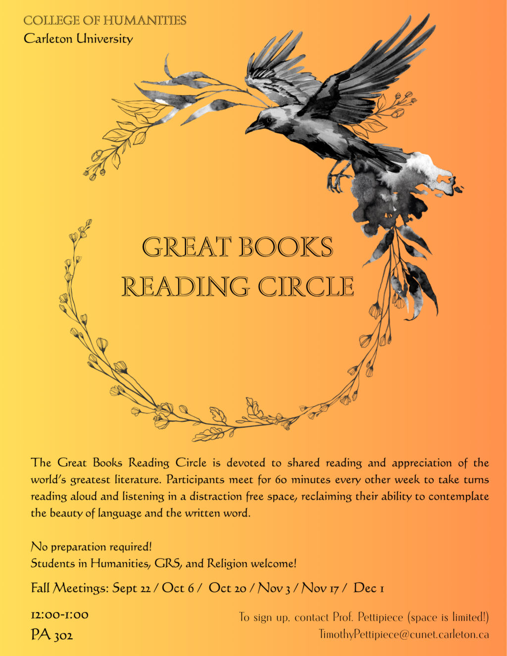 Reading Circle Sept 22, Oct 6 and 20th, Nov 3 and 17, Dec 1.