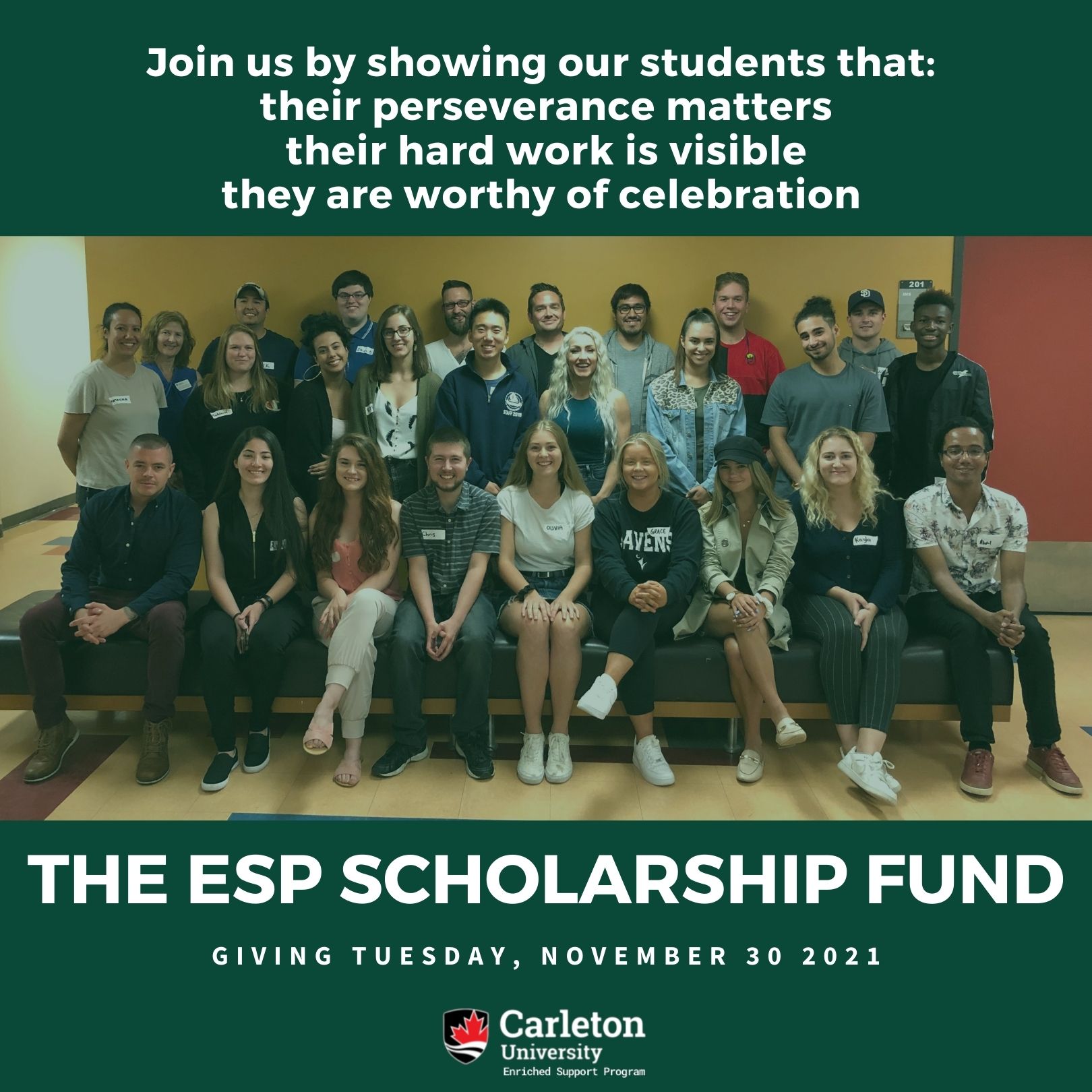 Join us by showing our students that: their perseverance matters, their hard work is visible, and they are worthy of celebration. ID: Picture shows a smiling group of former ESP students, many of whom were academic award recipients.