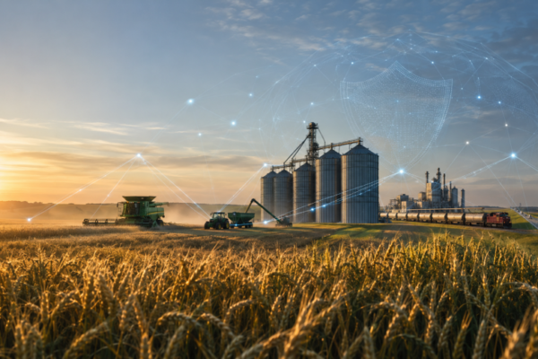 Canadian grain field and agriculture equipment connected through a digital cybersecurity network.