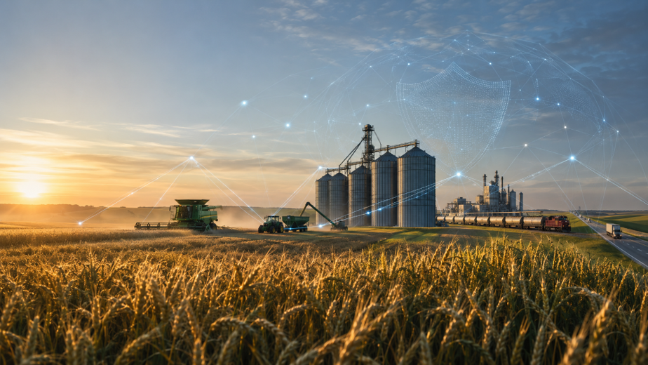 Canadian grain fields and agricultural equipment are connected through a digital cybersecurity network.