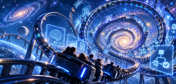 People travelling through a futuristic spiral of interconnected AI systems, data and digital controls.