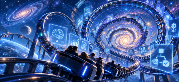 People travelling through a futuristic spiral of interconnected AI systems, data and digital controls.