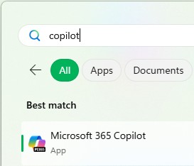 A screenshot of the top left of the Start menu with the word copilot in the search bar and a match of Microsoft 365 Copilot