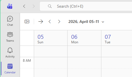 A part of a Teams window with the Calendar app selected in purple on the left hand side vertical app bar.