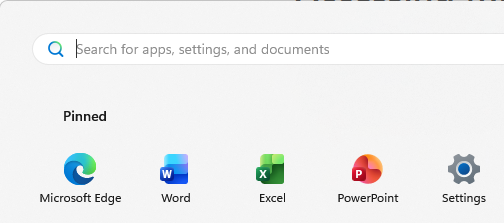 The top left corner of the Windows 11 Start menu showing pinned applications including Word, Excel and PowerPoint.