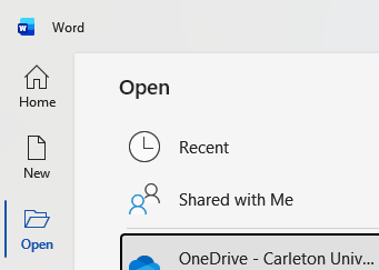 The top left corner of the Word application Open menu showing OneDrive selected.
