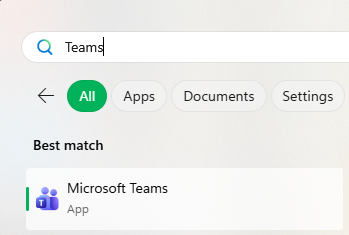 A screenshot of the top left corner of the Windows 11 Start menu with Teams in the search bar, showing Microsoft Teams result
