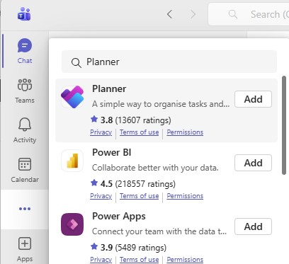 Screenshot of Teams showing the three-dot "View more apps" menu with Planner in the search bar and results