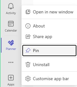 Screenshot of Teams showing the Planner app selected with a right-click menu. The Pin option is highlighted.