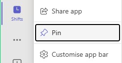 A screenshot of Teams app Shifts showing the Pin option