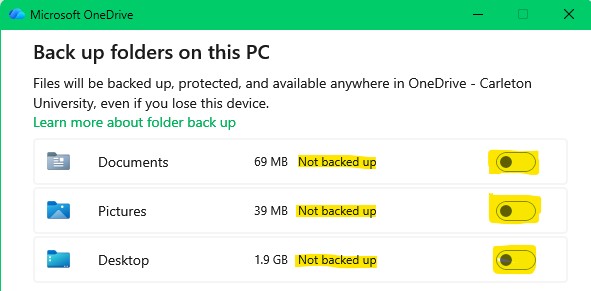 The Back up folders on this PC setting of OneDrive showing folders set to "Not backed up"