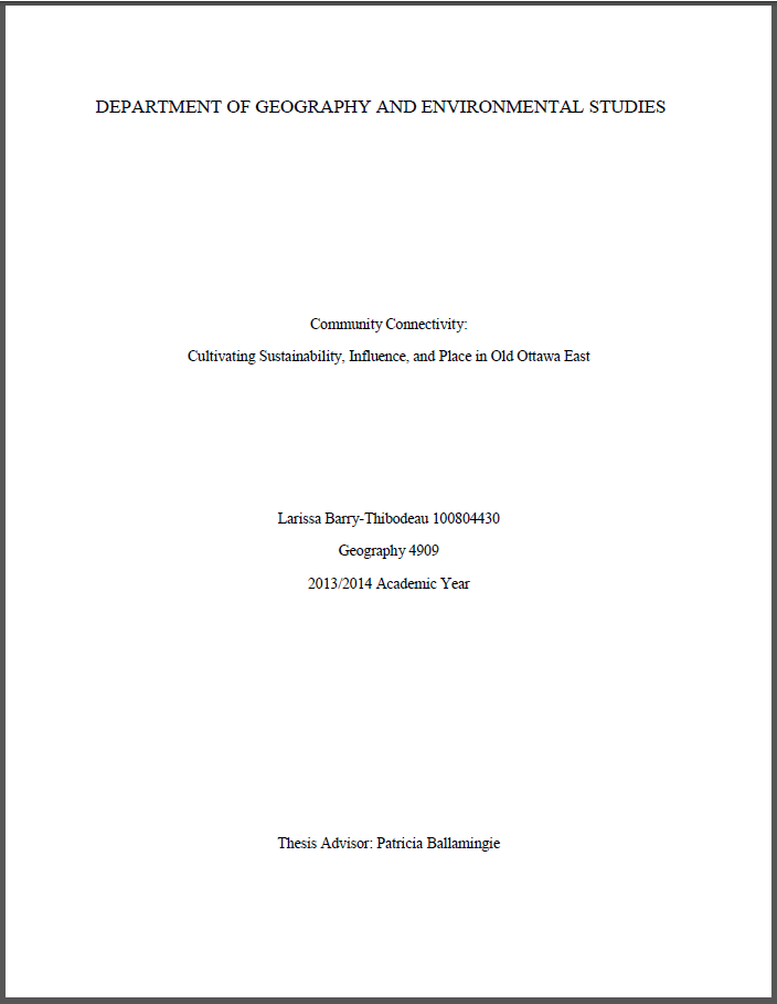 Title page of Larissa Barry-Thibodeau's thesis titled: Community Connectivity: Cultivating Sustainability, Influence and Place in Old Ottawa East.