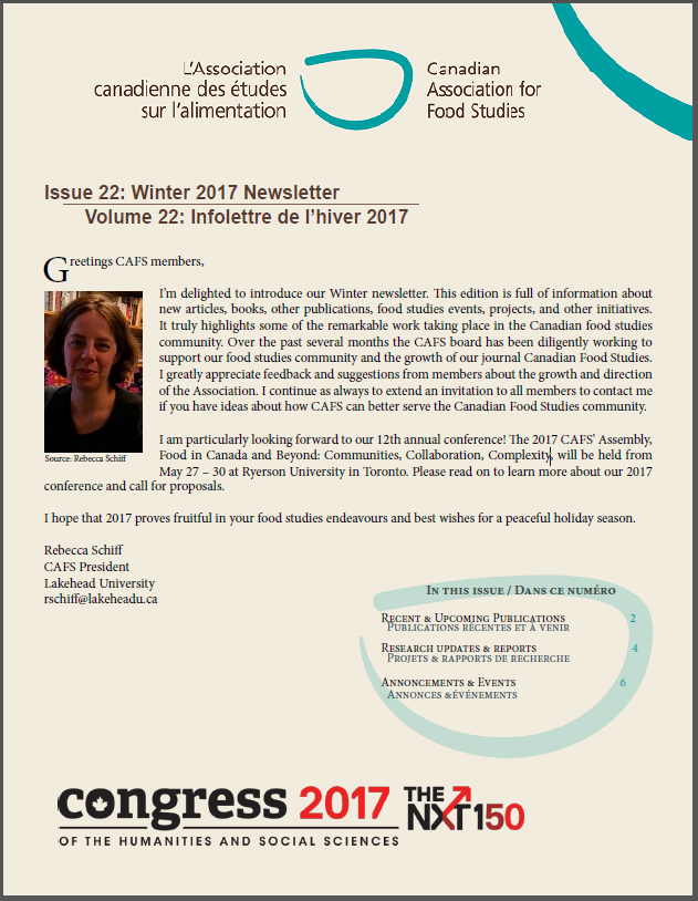 Page one of the CAFS Winter 2017 newsletter featuring a note from the CAFS president.