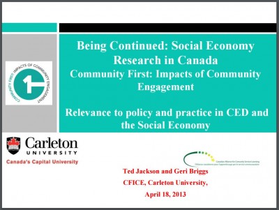 Title slide of the CENet presentation, titled "Being Continued: Social Economy Research in Canada Community First: Impacts of Community Engagement".