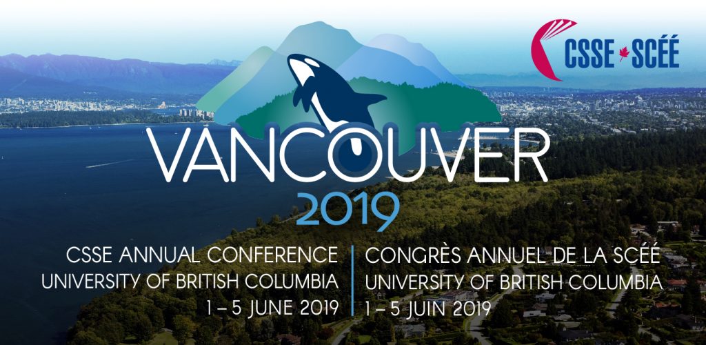 Conference poster with an illustration of an orca leaping in front of mountains behind text that reads 'Vancouver 2019 CSSE Annual Conference, University of British Columbia, 1-5'.