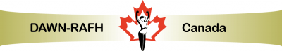 DisAbled Women’s Network of Canada logo featuring a female figure with her arms outstretched in triumph over her head, against the backdrop of a red and white maple leaf.