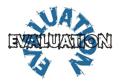 The word "evaluation" stamped in black outlined letters horizontally, and in blue, semi-circle letters in the background.
