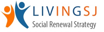Living Saint John logo featuring two artistically-drawn human figures leaping into the air with hands raised beside the text "Living Saint John: Social Renewal Strategy"