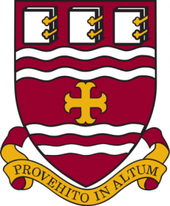 Memorial University of Newfoundland's Crest, featuring three bound books across the top, followed by an English cross, and encircled by a gold ribbon reading "Provehito in Altum".