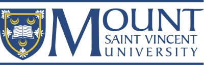 Horizontal logo for Mount Saint Vincent University featuring the University's crest--gold outline with an open book in the centre.