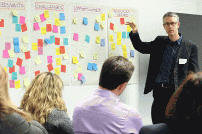 Peter Andree presents a sticky note board during a breakout session.