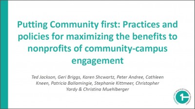 Title slide of the "Putting Community First: Practices and policies for maintaining the benefits to nonprofits of community-campus engagement" presentation from ANSER 2013.