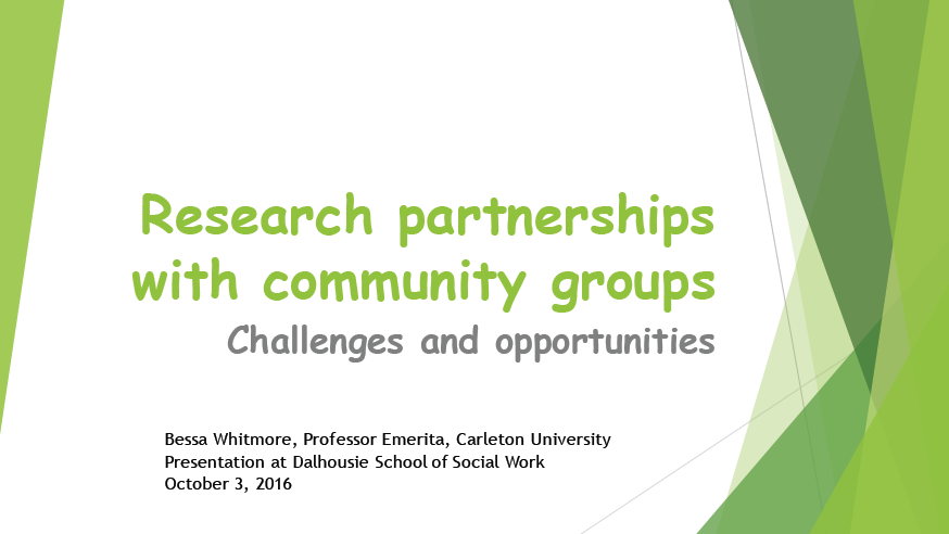 PowerPoint title slide reading: "Research Partnerships with Community Groups: Challenges and Opportunities".