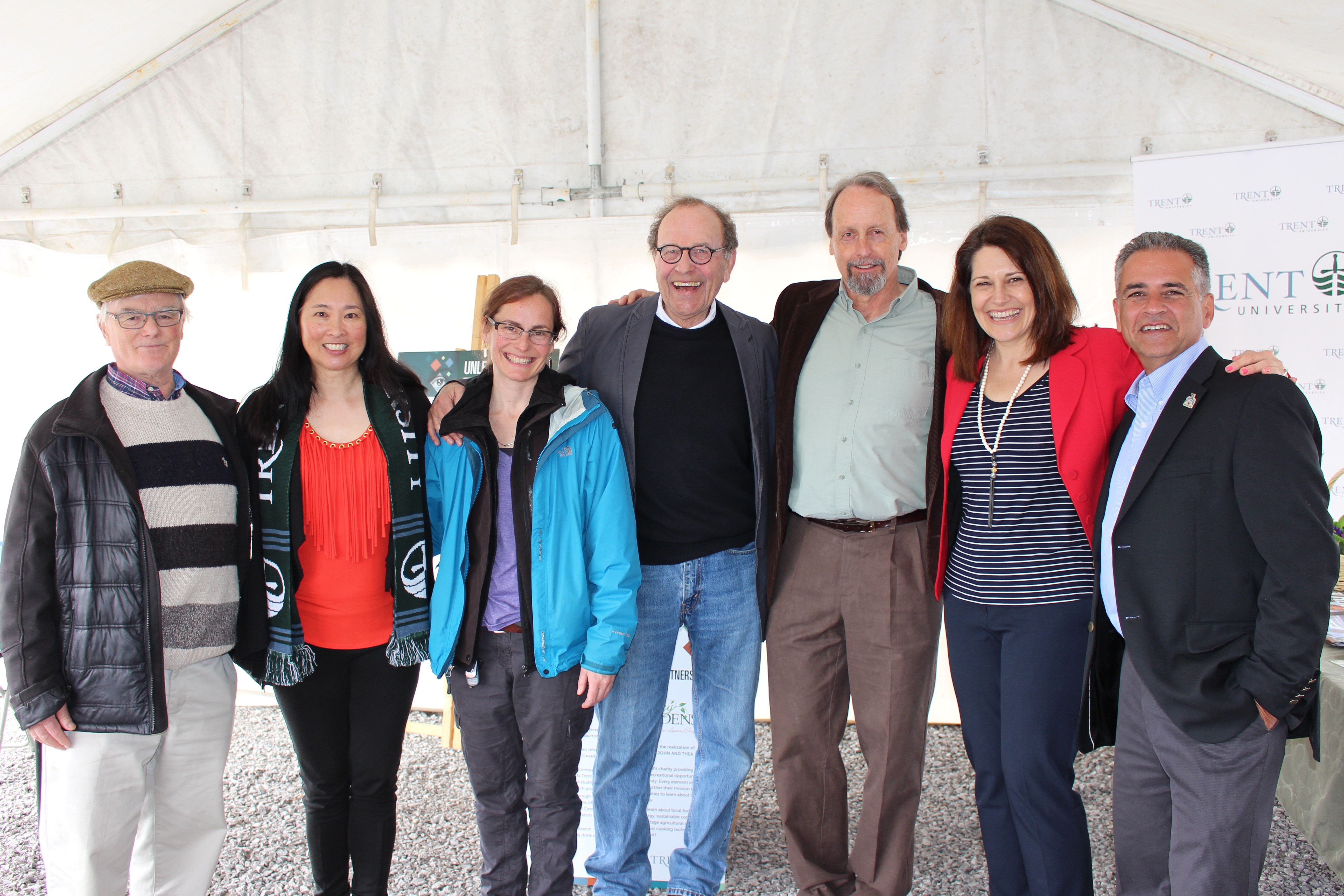 Left to right: Profs Tom Hutchinson (on Melissa Johnston’s thesis committee), Nadine Changfoot (CES Ptbo-Halib Academic Lead), CFICE RA 2015 Melissa Johnston, CCE visionaries Profs John Wadland and Tom Whillans, Julie Davis (VP Advancement), Prof. Asaf Zohar (Director, MA Sustainability Studies)