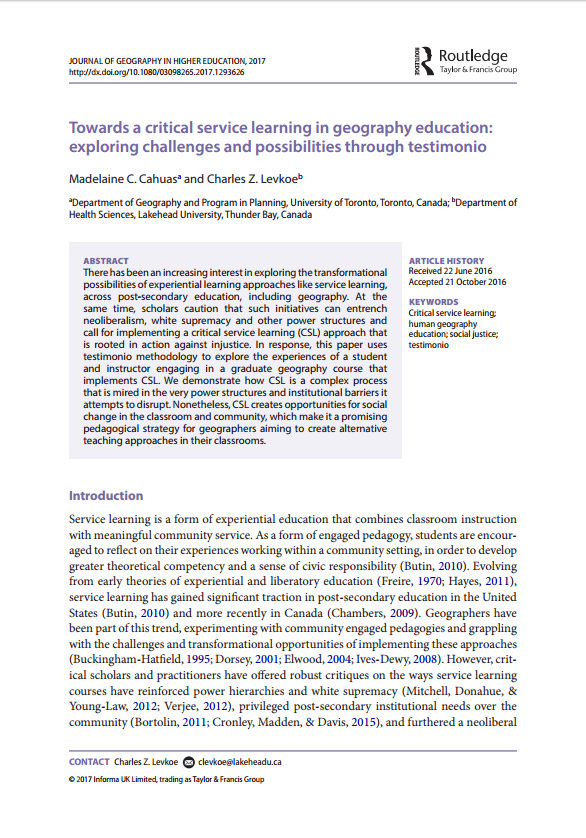 Cover page of the journal article "Towards a Critical Service Learning".